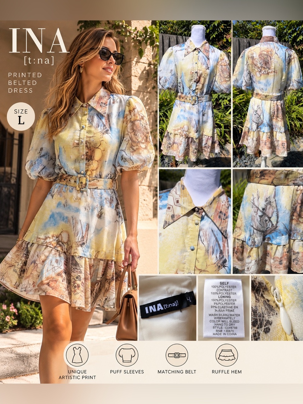 INA Artistic Print Belted Puff Sleeve Midi Dress Size L